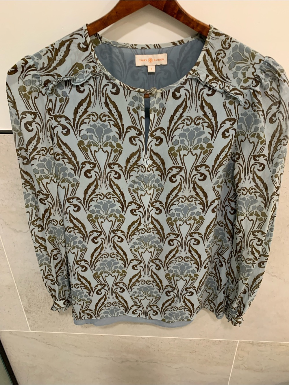 Tory Burch Light Blue and Brown Patterned Long-Sleeve Blouse